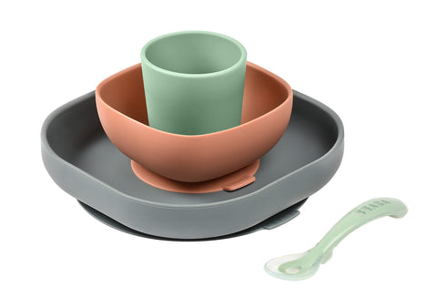 BÃ©aba Set Vaisselle Silicone Repas BÃ©bÃ©, Avec Ventouse, Anti-dÃ©rapant, 4 PiÃ¨ces, Assiette + BOL+ Verre + CuillÃ¨re, Silicone Saine et Durable, Compatible Lave-vaisselle, Micro-onde, Mineral