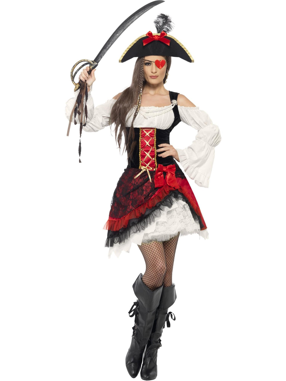 Smiffys Glamorous Lady Pirate Costume, Red with Dress and Hat, Pirate Fancy Dress, Pirate Dress Up Costumes