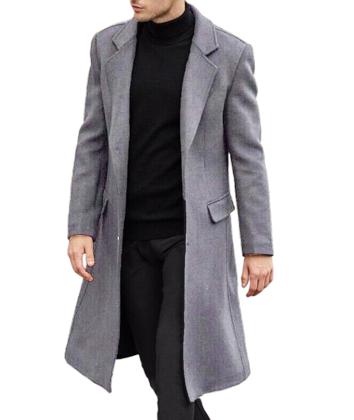 SOMTHRON Men's Casual Trench Coat Slim Fit Notched Collar Long Jacket Overcoat Single Breasted Pea Coat wih Pockets GY-M