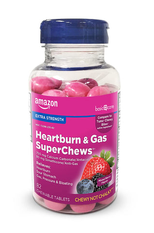 Amazon Basic Care Heartburn & Gas SuperChews Chewable Tablets, Mixed Berry, 82 Count (Previously SoundHealth)