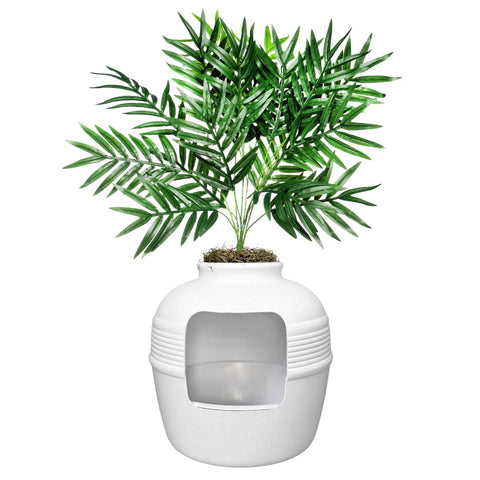Good Pet Stuff Original Hidden Cat Litter Box in Planter with Artificial Plant, Round, Closed, Reusable Liner, Ventilated Carbon Filter Odour System, Easy Cleaning, White Birch