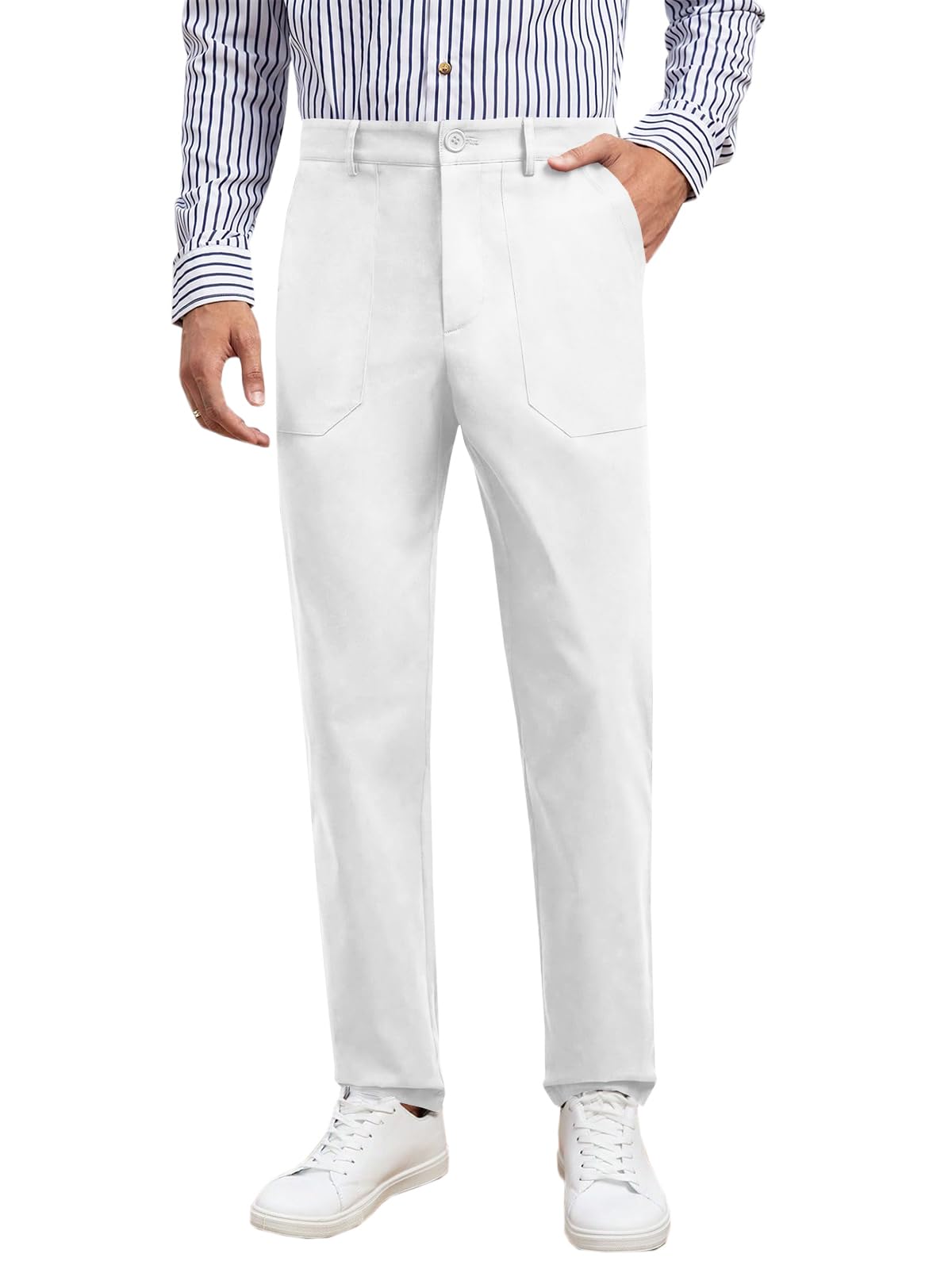 Runcati Mens Chino Pants Slim Fit Dress Pants Flat Front Stretch Casual Slacks with Pockets White