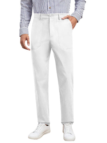 Runcati Mens Chino Pants Slim Fit Dress Pants Flat Front Stretch Casual Slacks with Pockets White