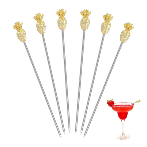 CANGCANG 6PCS Pineapple Cocktail Sticks,Metal Cocktail Stirrers,Stainless Steel Reusable Fruit Toothpicks for Fruit Drinks Cocktail stirrers & Swizzle Sticks for Party Decor (Gold)