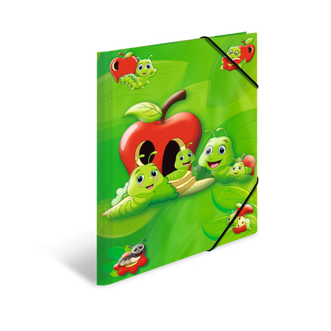 HERMA 19633 Portfolio Folder A3 Nursery Animals Fritz The Worm Sturdy Cardboard Folder with Full Inner Print and Elastic Band, Document Folder for Children, Boys and Girls