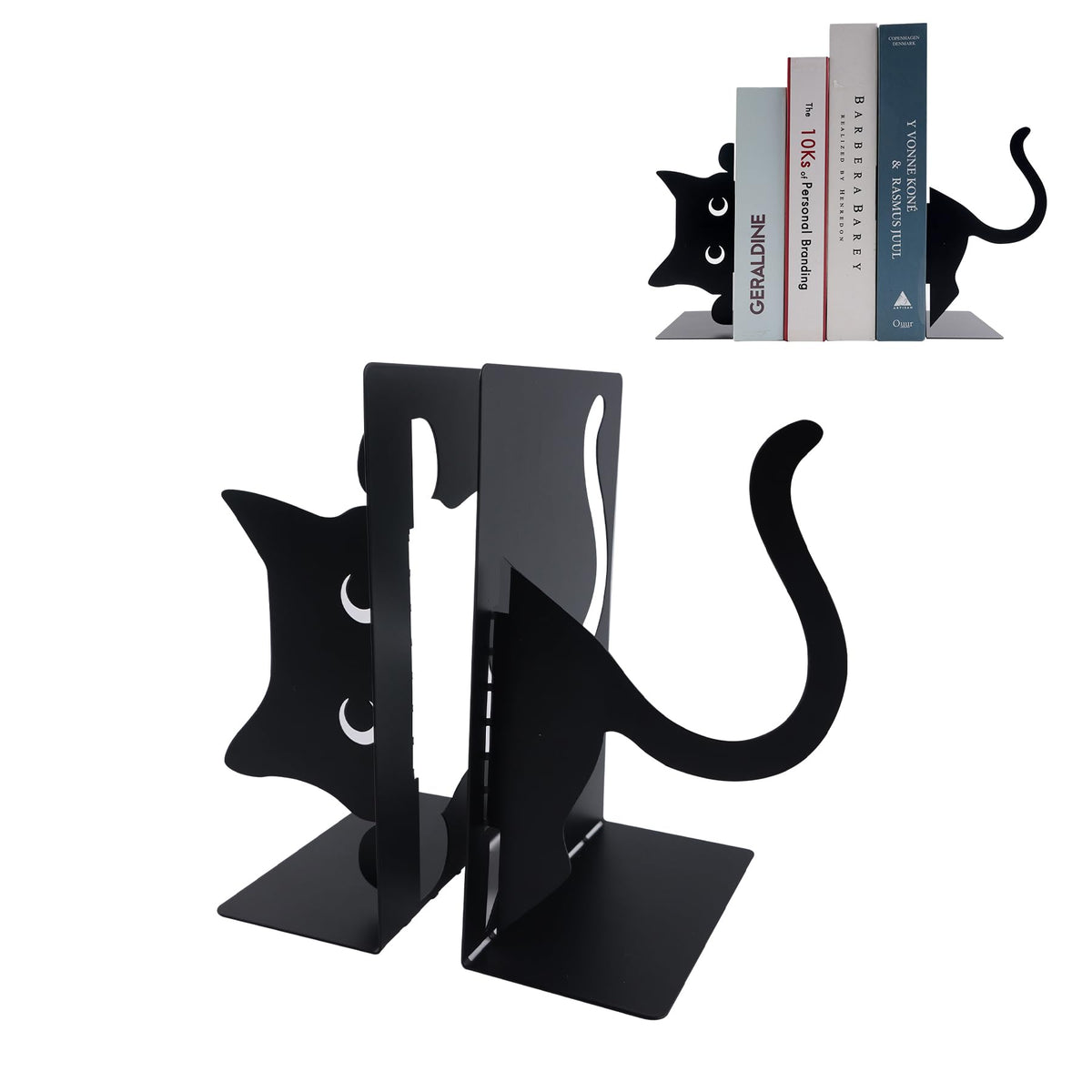 Framendino, Cat Book Ends Decorative Cute Cat Holders Bookends Thickened Book Ends for Shelves Bedroom Library Office Book Desktop Organizer (Black)