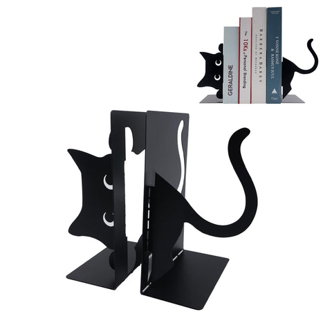 Framendino, Cat Book Ends Decorative Cute Cat Holders Bookends Thickened Book Ends for Shelves Bedroom Library Office Book Desktop Organizer (Black)