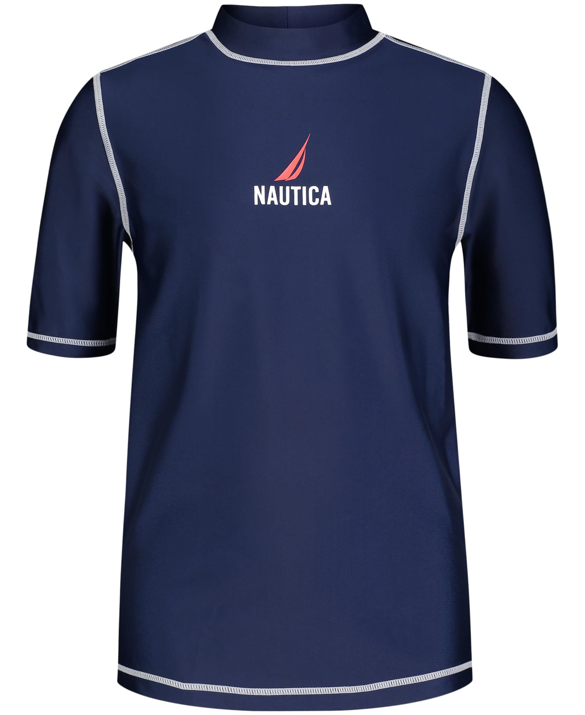 Nautica Boys' Short Sleeve Swim Rashguard with UPF 50+ Sun Protection, J Navy/Red Logo, 4