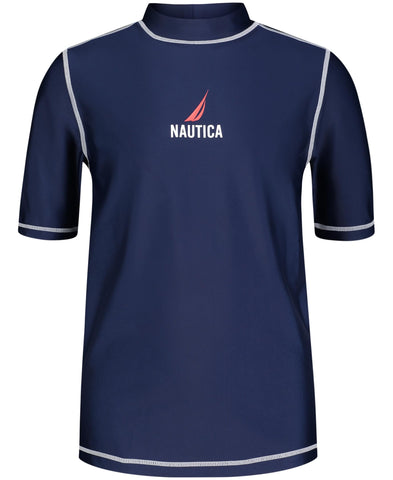 Nautica Boys' Short Sleeve Swim Rashguard with UPF 50+ Sun Protection, J Navy/Red Logo, 4