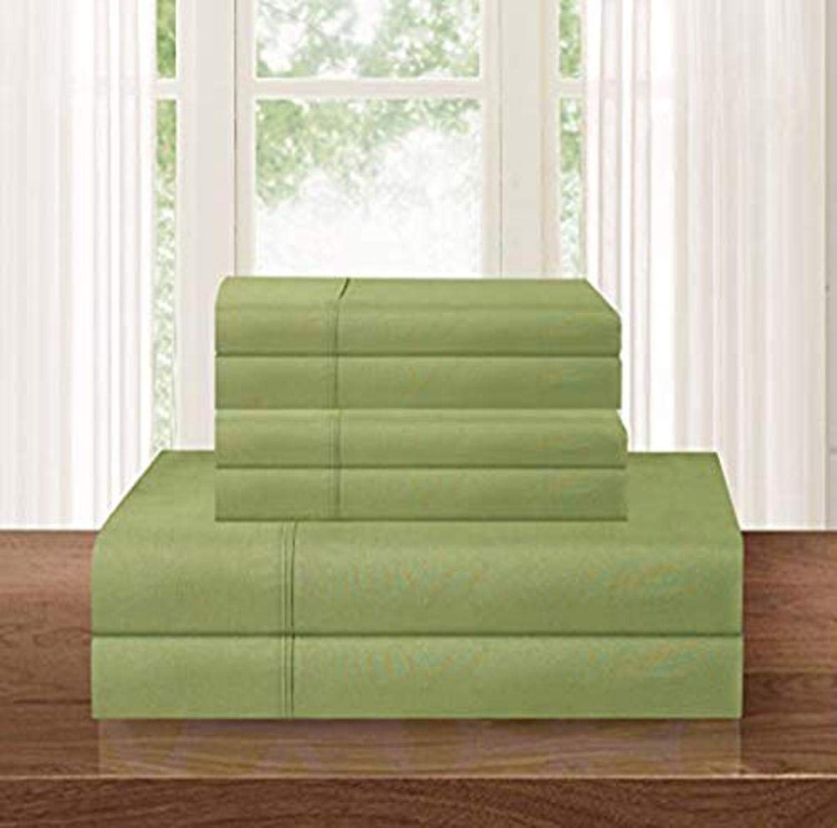 Elegant Comfort Luxury Soft 1500 Premium Hotel Quality Microfiber Wrinkle and Fade Resistant Cozy 6-Piece Bedding Set, Easy All Around Elastic Fitted Sheet, Deep Pocket, King, Sage/Green