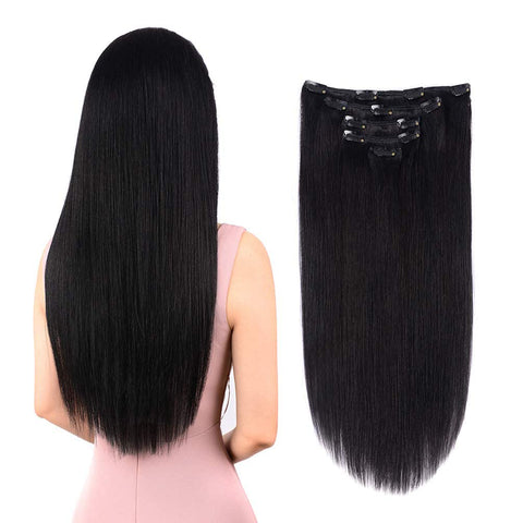 5 Pieces 14" Remy Clip in Hair Extensions Human Hair Off Black - Beauty Silky Straight Short Thick Real Hair Extensions for Women Fashion (14 inches, #1B, 70grams)