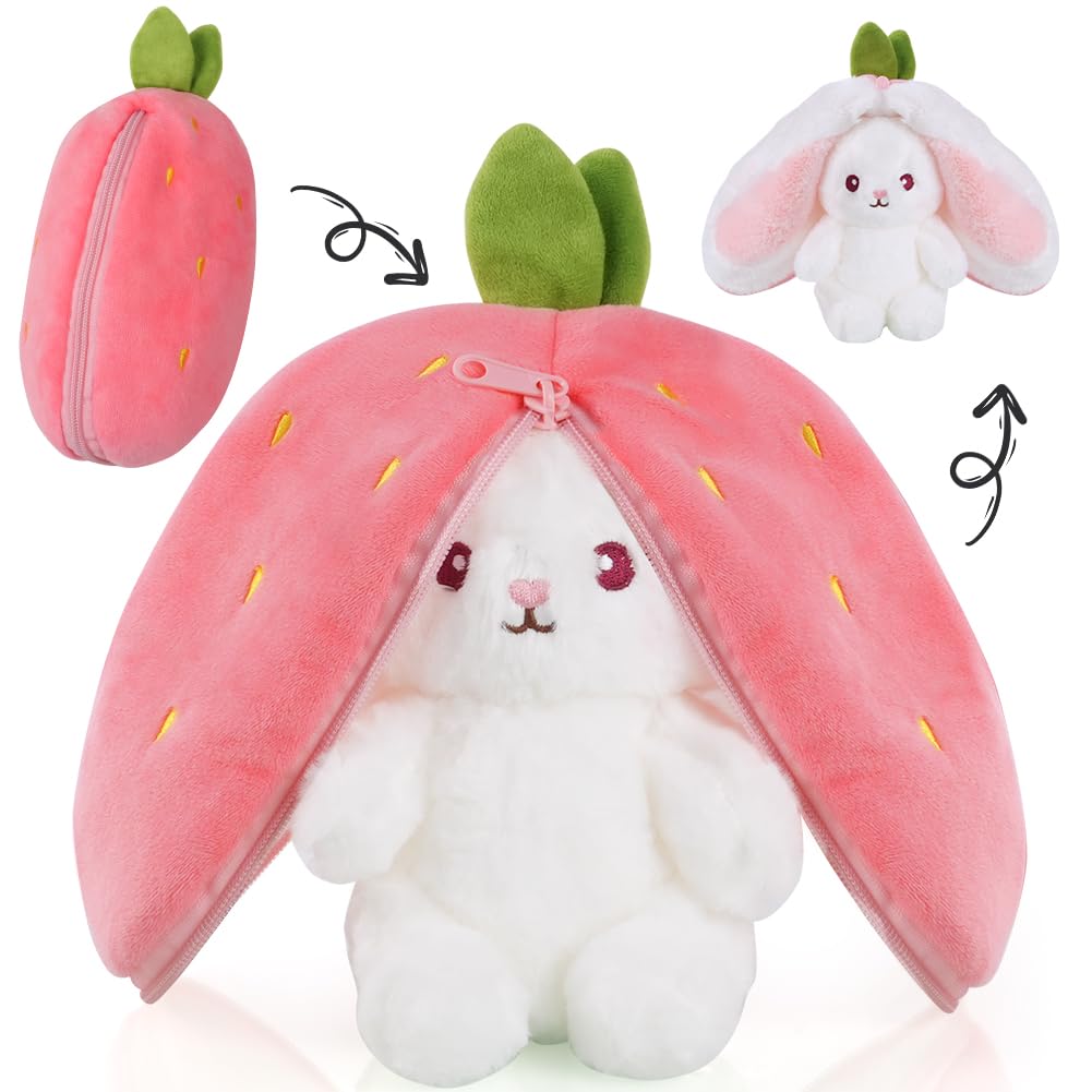 OSDUE Rabbit Plush Toy, Reversible Bunny Carrot Strawberry Pillow with Zipper, Strawberry Plush Cute Bunny Plushie Toy for Girls Boys Easter Children's Day and Birthday Gifts - Ideal Fluffy Gift