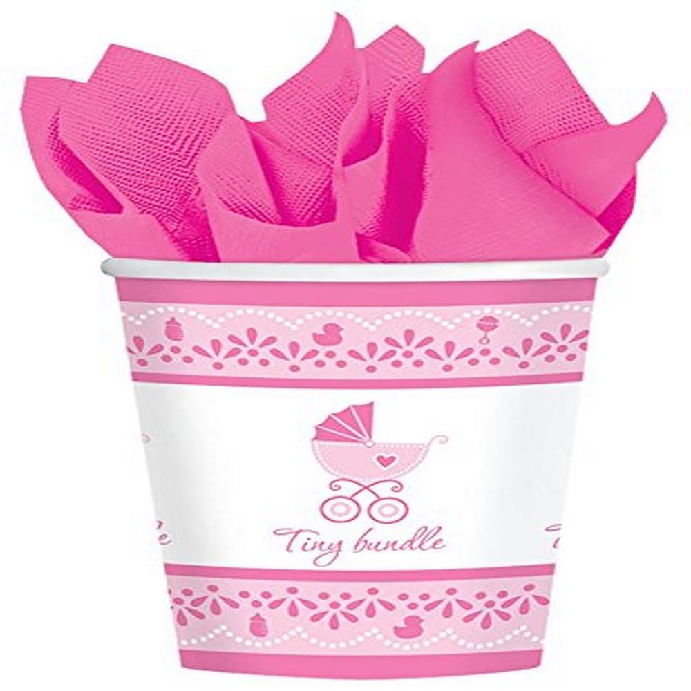 Celebrate Baby Girl Shower Party "Tiny Bundle" Paper Cups Tableware, Pink and White, 9 oz., Pack of 18
