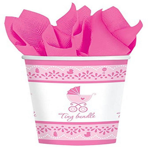 Celebrate Baby Girl Shower Party "Tiny Bundle" Paper Cups Tableware, Pink and White, 9 oz., Pack of 18