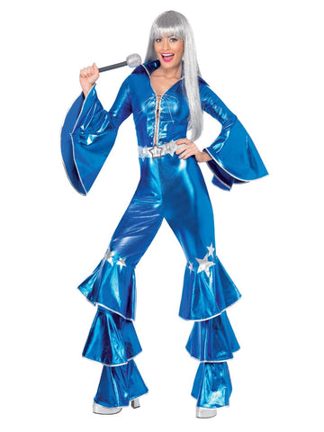 Smiffys 70s Dancing Dream Costume, Blue with Lace Up Jumpsuit, 1970's Disco Fancy Dress, Adult Dress Up Costumes