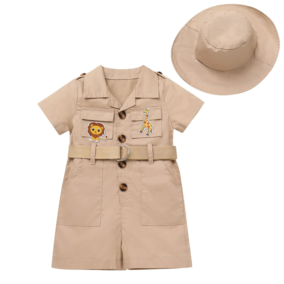 Infant Baby Girl Boy Safari Outfits One Piece Wild Animal First Birthday Jumpsuit with Hat Toddler Park Ranger Zookeeper Jungle Explorer Clothes Newborn Easter Overall Romper Khaki 6-12 Months