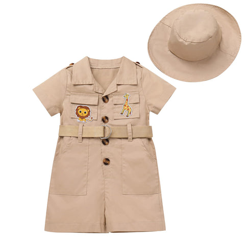 Infant Baby Girl Boy Safari Outfits One Piece Wild Animal First Birthday Jumpsuit with Hat Toddler Park Ranger Zookeeper Jungle Explorer Clothes Newborn Easter Overall Romper Khaki 6-12 Months