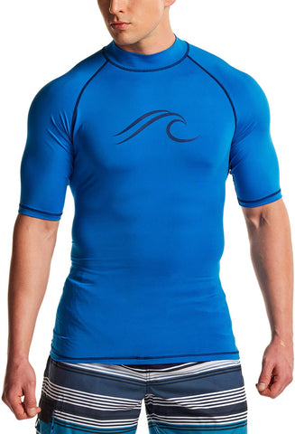 ATHLIO Men's UPF 50+ Rash Guard, UV/SPF Short Sleeve Swim Shirt, Active Water Beach Surf Swimsuit Top, Wave Royal Blue & Navy, Large