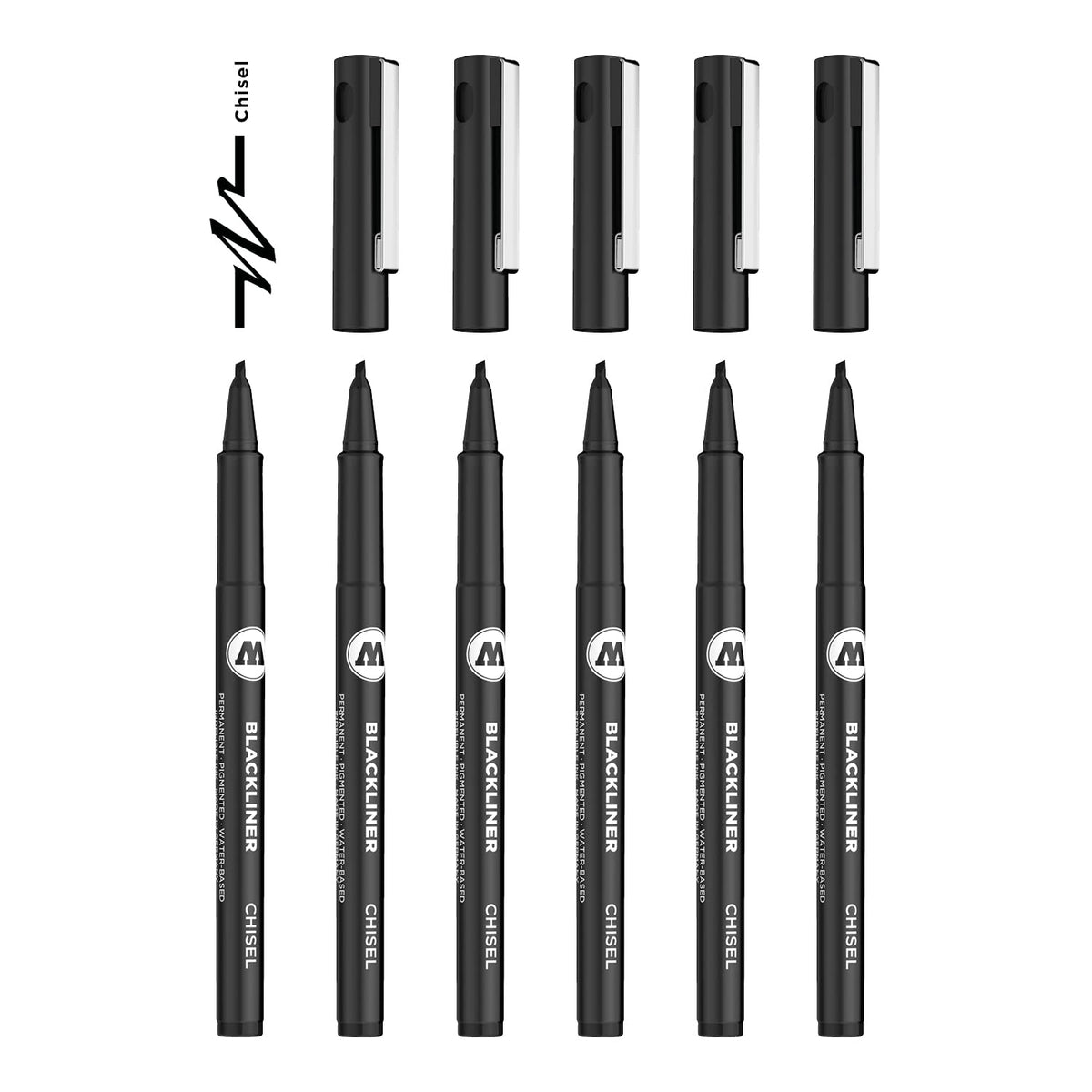 Molotow Blackliner Chisel Tip (Fineliner with Permanent, Indelible Ink) Pack of 6 Black