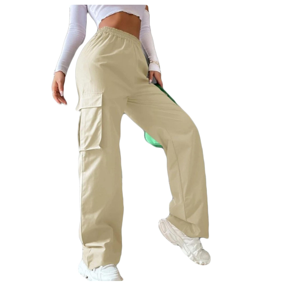 Bestgift Women's Solid Color Elastic Waist Pocket Cargo Pants Apricot S