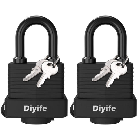 Padlock with Key, [2 Pack] [4 Keys] Diyife Key Padlock Weatherproof Outdoor, Waterproof Lock 40mm Heavy Duty Padlocks Anticut, Laminated Steel for School Gym Locker, Garage, Fence, Shed, Yard