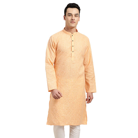 Sojanya (Since 1958, Men's Cotton Linen Peach Checked Only Long Kurta, Size: 40