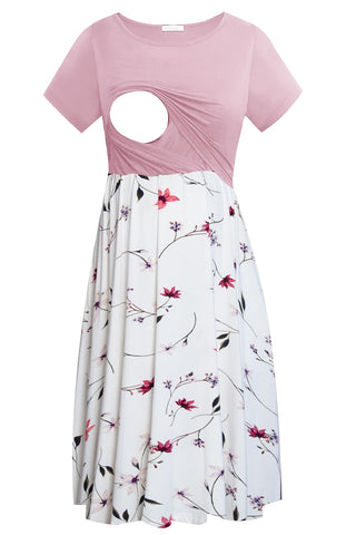 Smallshow Women's Short Sleeve Patchwork Nursing Dress for Breastfeeding Large Pink-SVP033