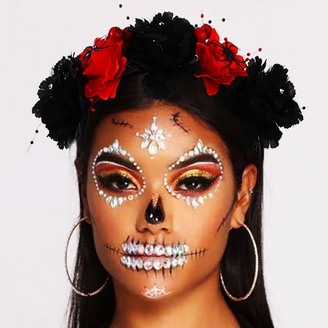 Zoestar Flower Halloween Headband Spider Crown Hair Bands Rose Floral Hair Hoop Mexican Day of The Dead Party Costume Headpiece for Women and Girls