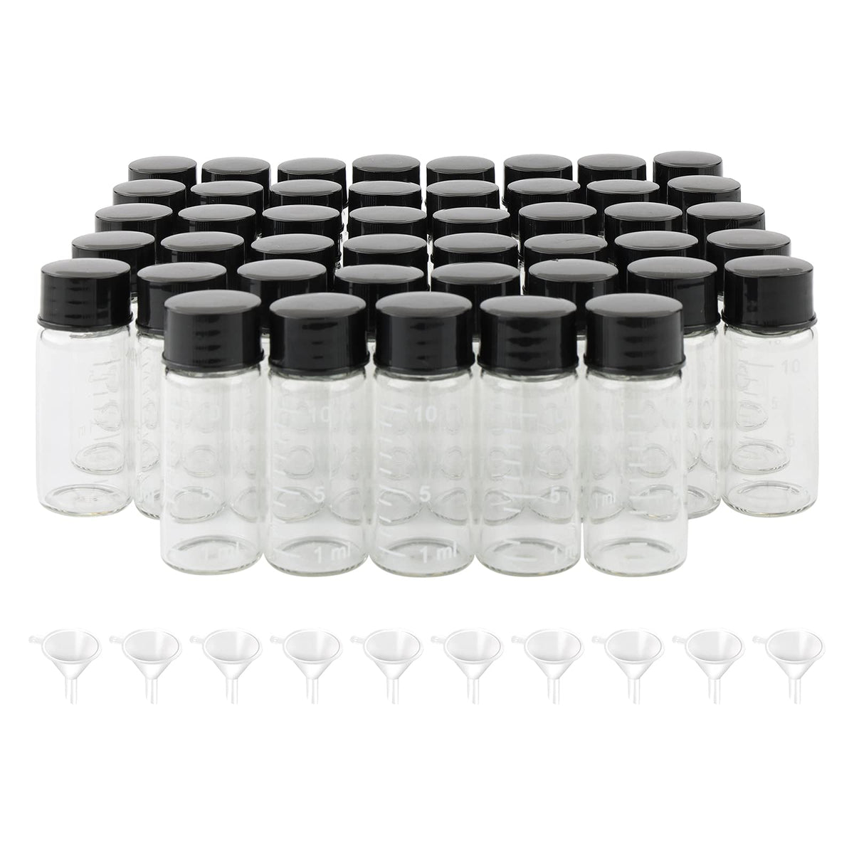 NewZoll 45Pcs Glass Thread Bottles 10ml/ 0.3Oz Clear Glass Sample Sampling Bottles Vials Containers with Graduation & Screwcap, 10 Funnel Include