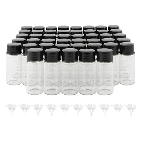 NewZoll 45Pcs Glass Thread Bottles 10ml/ 0.3Oz Clear Glass Sample Sampling Bottles Vials Containers with Graduation & Screwcap, 10 Funnel Include