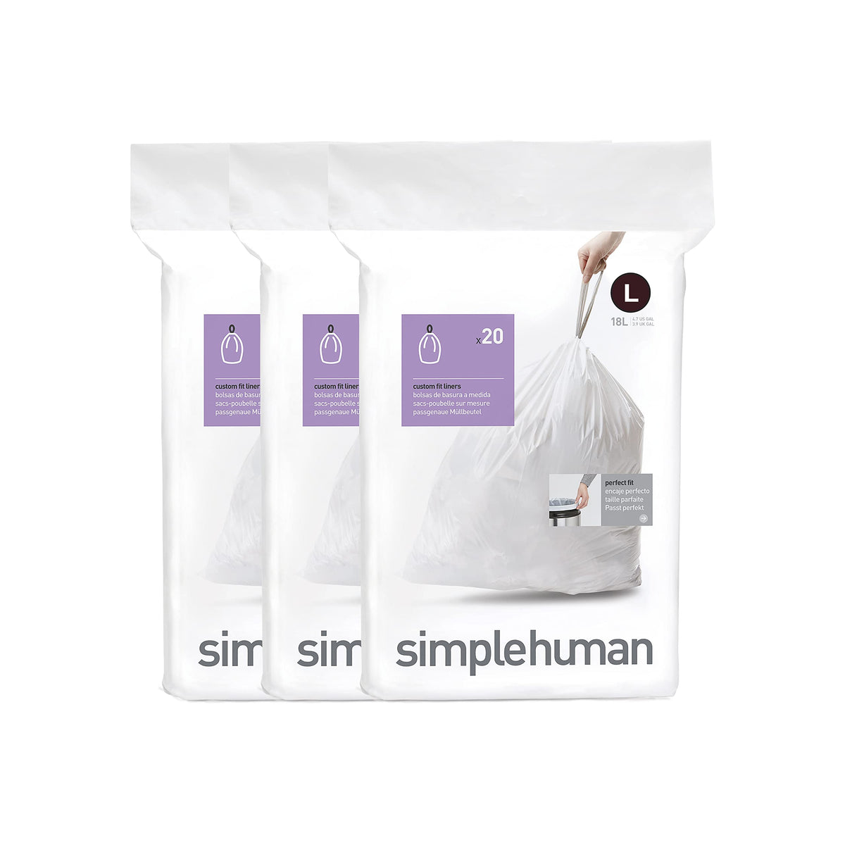simplehuman CW0407 code L Custom Fit Bin Liner Bulk Pack, White Plastic (3 Pack of 20, Total 60 Liners)