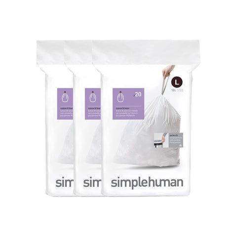 simplehuman CW0407 code L Custom Fit Bin Liner Bulk Pack, White Plastic (3 Pack of 20, Total 60 Liners)