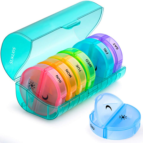 Weekly Pill Organizer 7 Day 2 Times a Day, Sukuos Large Daily Pill Cases for Pills/Vitamin/Fish Oil/Supplements, BPA Free Pill Box, Easy to Clean