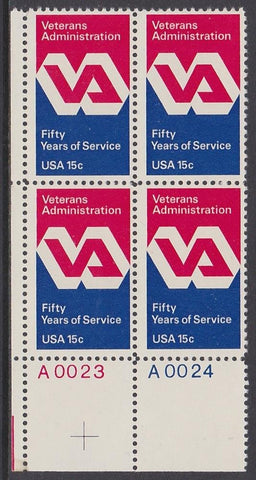 US 1980 Veterans Administration #1825 Plate Block of Four Stamps