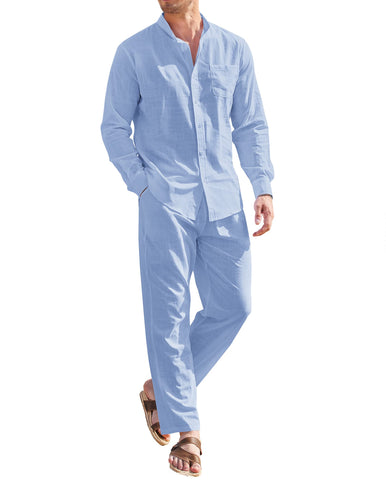 COOFANDY Men's Summer 2 Piece Outfits Cotton Linen Suit Button Down Long Sleeve Shirt and Pant Set
