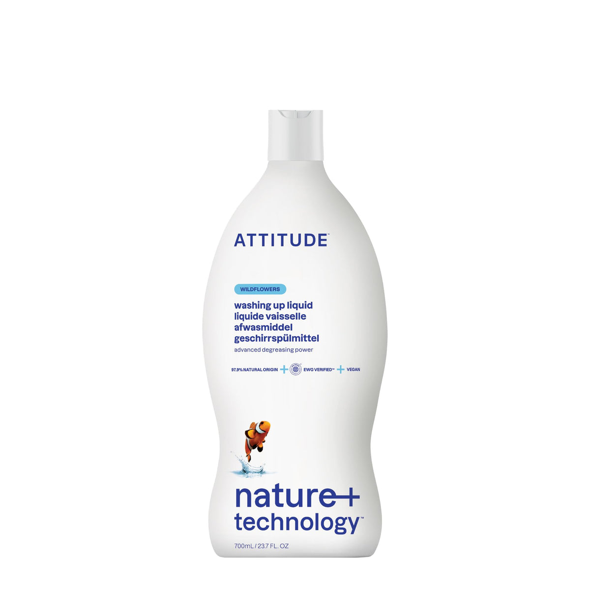 ATTITUDE Washing up Liquid, EWG Verified, Advanced Degreasing Power, Plant- and Mineral-Based Ingredients, Vegan, Wildflowers, 700 mL