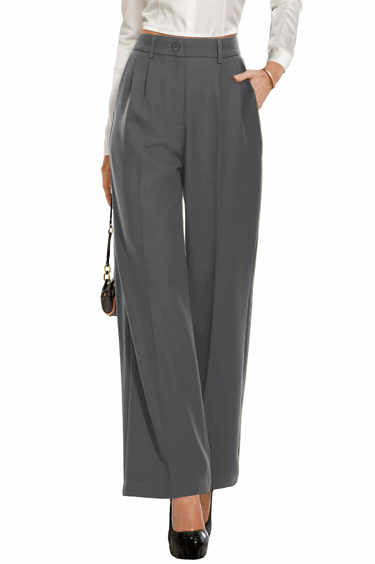 PrinStory Womens Wide Leg Trousers Lightweight Elasticated Waist Pants with Pockets Causal Work Trousers (Dark Grey, US 6, UK 10)