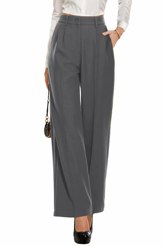 PrinStory Womens Wide Leg Trousers Lightweight Elasticated Waist Pants with Pockets Causal Work Trousers (Dark Grey, US 6, UK 10)