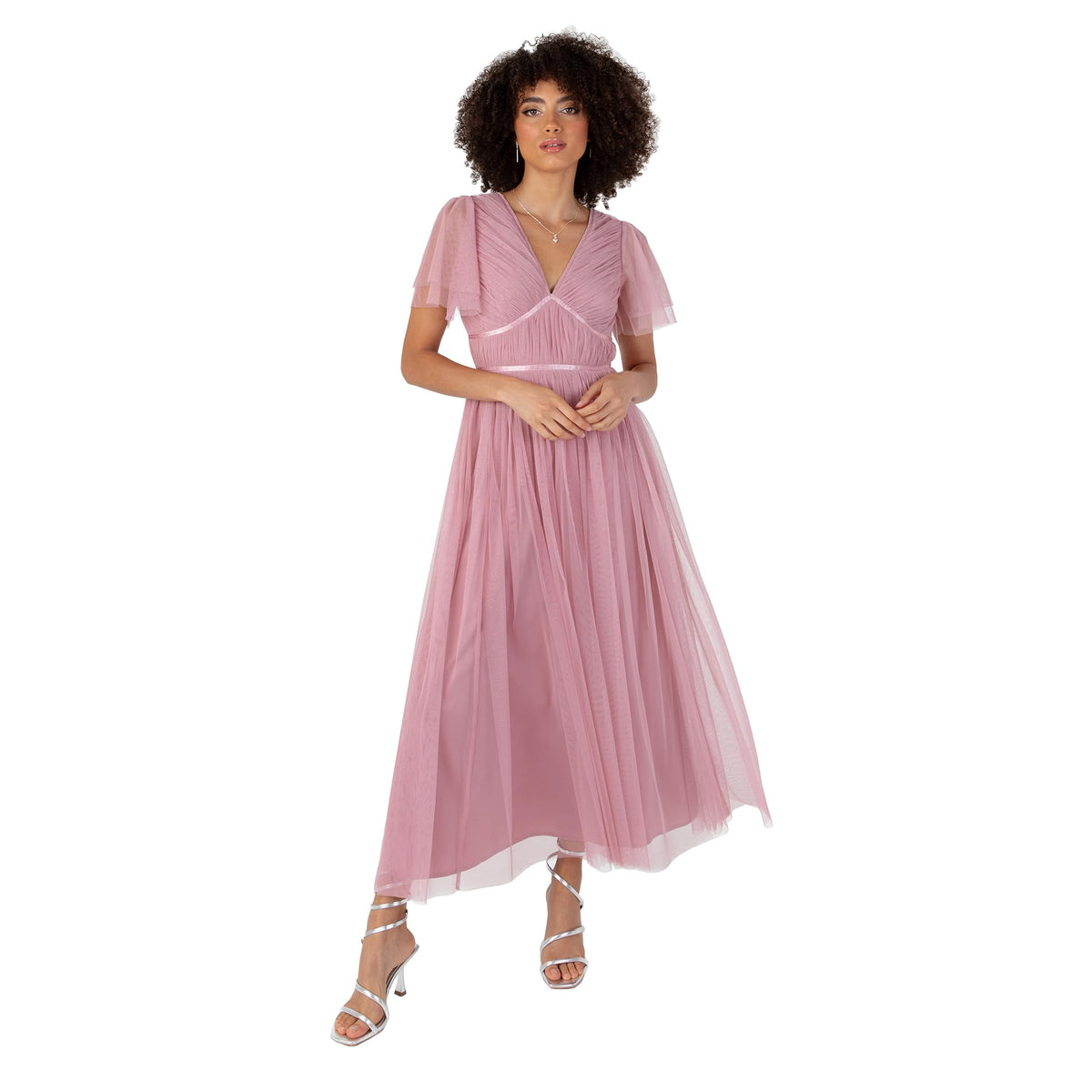 Anaya with Love Women's Ladies Midaxi Dress V-Neck Short Flutter Sleeve Ribbon A-line Tulle for Bridesmaid Wedding Guest Prom Ball Gown Bridal Rose 14