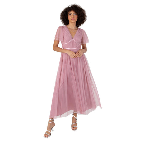 Anaya with Love Women's Ladies Midaxi Dress V-Neck Short Flutter Sleeve Ribbon A-line Tulle for Bridesmaid Wedding Guest Prom Ball Gown Bridal Rose 14