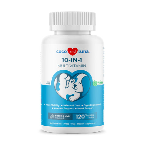 10 in 1 Multivitamin for Dogs - 120 Chewable Tablets - Hip and Joint Support with Glucosamine and Chondroitin - Omega Fish Oil & Vitamins with Coq10 for Skin & Heart Health, Gut & Immune Support