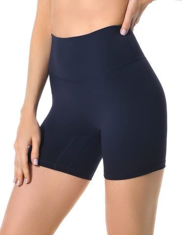 YUNOGA Women's High Waist Athletic Shorts 6" Inseam Yoga Shorts No Front Seam Workout Running Biker Shorts (S, Navy)
