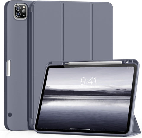 JKSML Case for iPad Pro 12.9 inch 2022/2021/2020 (6th/5th/4th Gen) with Pencil Holder | 2nd Gen Pencil Charging | Auto Sleep/Wake | Flexible TPU Protective Cover (Grey Blue)