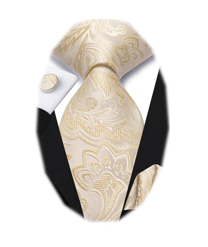 Dubulle Mens Paisely Floral Silk Tie for Men Striped Necktie and Pocket Square Set Wedding Business,Beige Champange