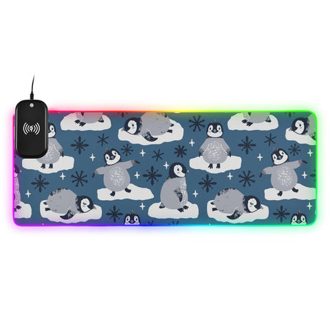 Cute Penguins Snowflakes Wireless Charging Mouse Pad for Mobile Phone Extra Large Gaming Mousepad with 13 Lighting Modes Keyboard Mat for MacBook PC Laptop Desk Office Home Gaming