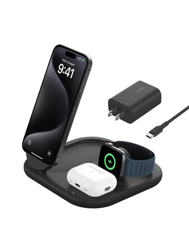 Belkin MagSafe-Compatible iPhone Charger - 3-in-1 Magnetic Foldable Charger 15W - Qi2-Certified Wireless Charging Station for iPhone 16, Apple Watch, AirPods w/Non-Slip Base, PSU Included - Black
