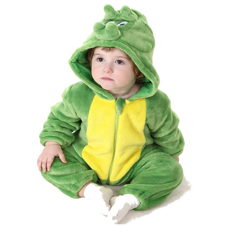 maxToonrain Baby Green Dinosaur Costume Romper Toddler Boys & Girls Role-Playing Outfit with Zipper Hooded Flannel Dinosaur Onesie Pajamas (Yellow Belly,6-11 Months)