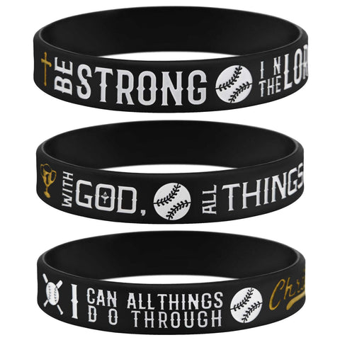 Sainstone Power of Faith Baseball Bible Verse Silicone Wristbands with Christian Inspirational Sayings, Set 3 of Scriptures Motivational Rubber Bracelets Sports Gifts1 (Black Golden)