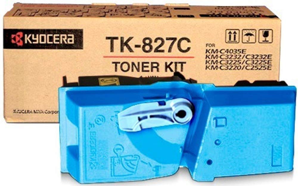 Kyocera 1T02FZCUS0 Model TK-827C Cyan Toner Cartridge with Waste Toner Bottle; For use with KM-C2520, KM-C2525E, KM-C3225, KM-C3225E, KM-C3232, KM-C3232E and KM-C4035E Printers; Up to 7000 Pages Yield