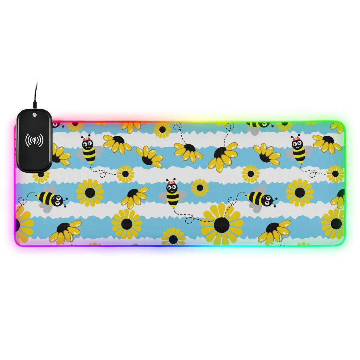 Bee Flowers Stripe Wireless Charging Mouse Pad for Mobile Phone Extra Large Gaming Mousepad with 13 Lighting Modes Computer Mat for Gaming MacBook PC Laptop Desk Home Office